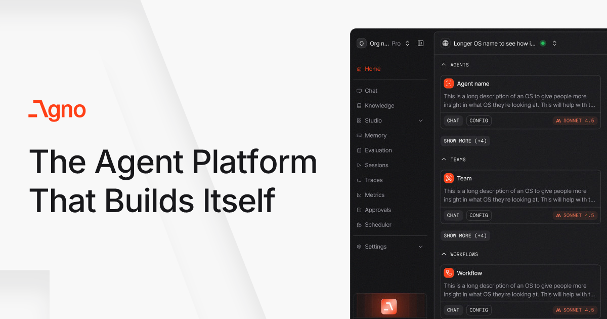 Agno's website banner: the orange Agno logo and the words "The Agent Platform That Builds Itself" beside a dark screenshot of the Agno dashboard listing agents, teams and workflows.