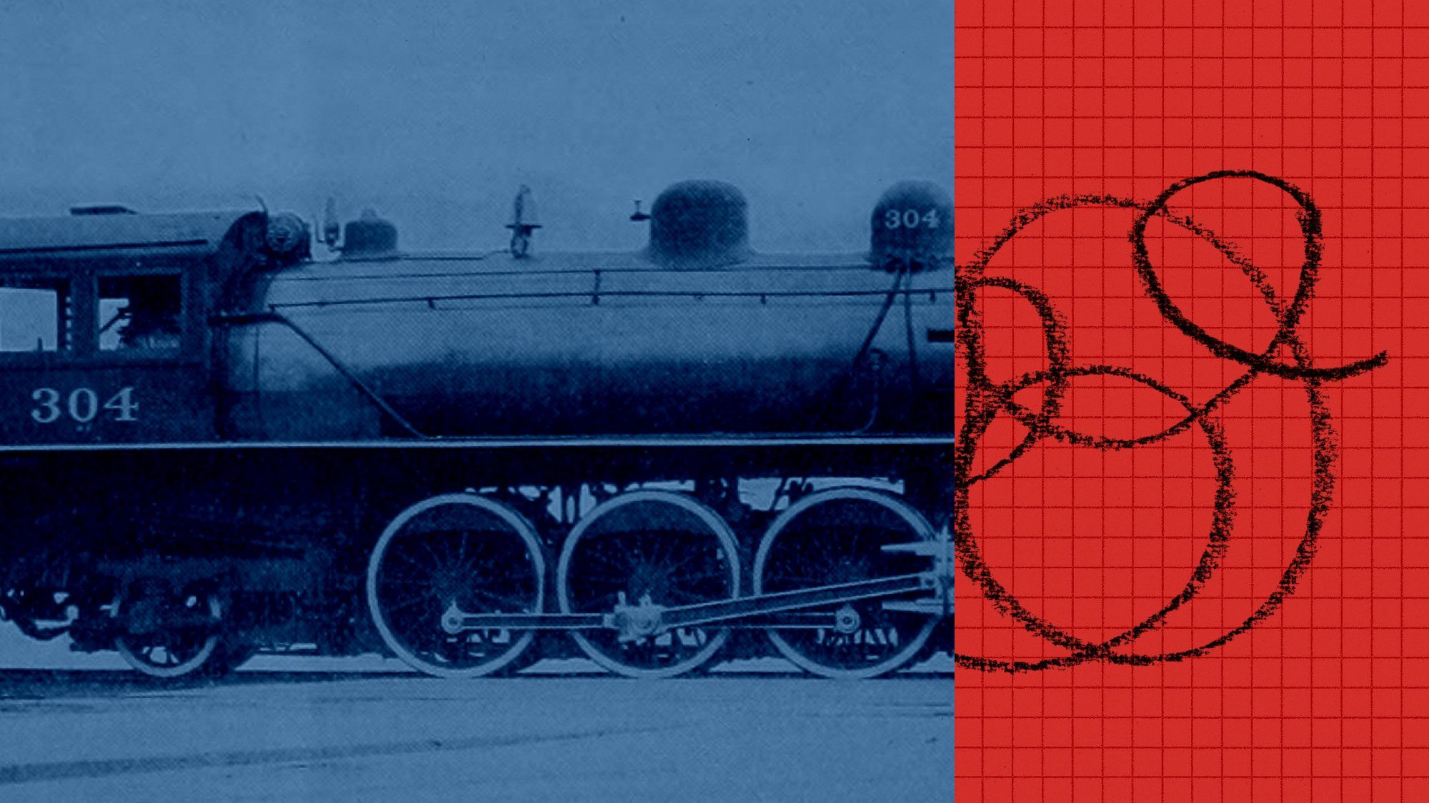 Anthropic's illustration for the post: a blue-tinted photo of steam locomotive number 304 on the left and black crayon loops on a red grid on the right.