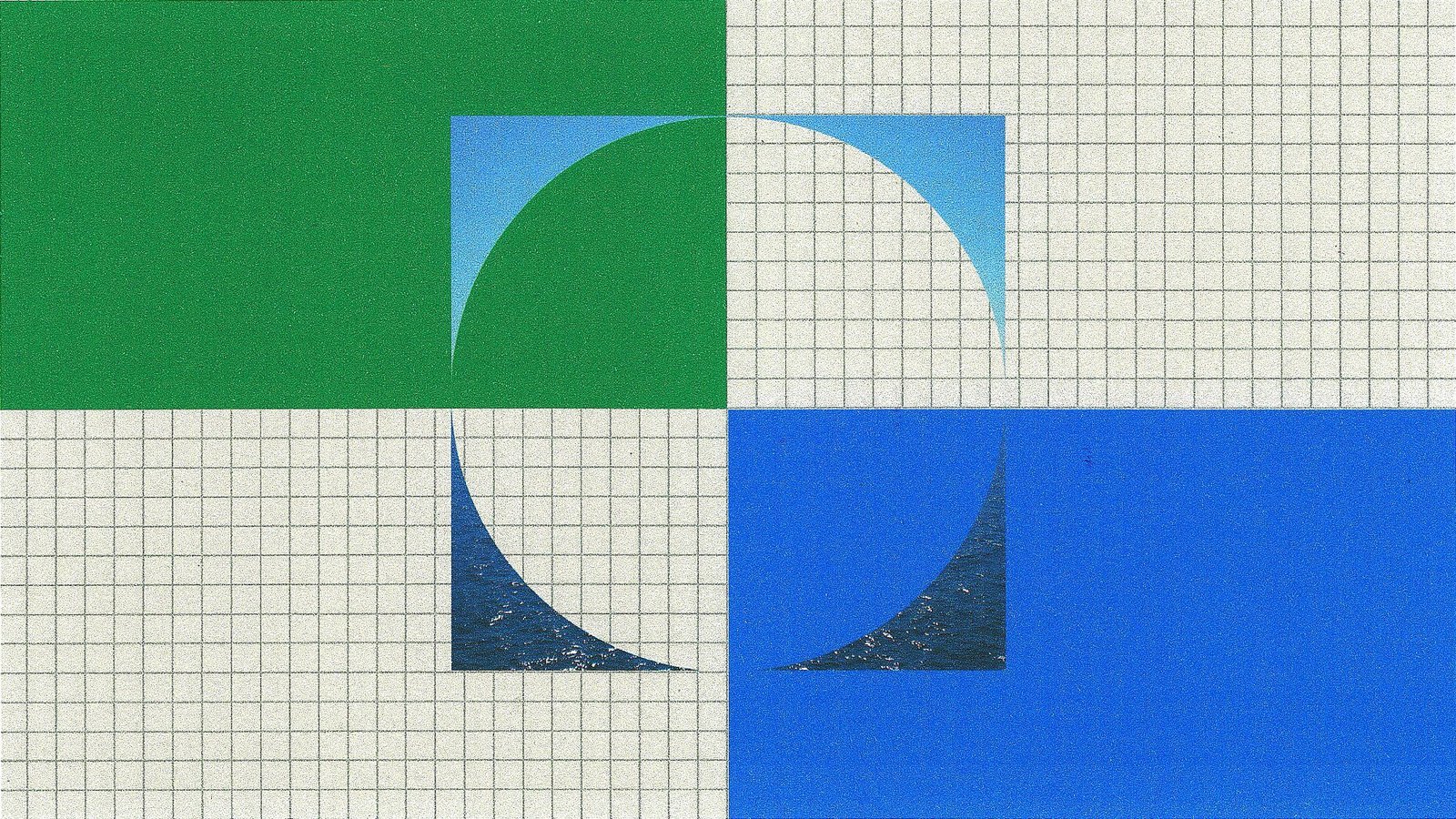 Anthropic's illustration for its employment report: green and blue blocks on grid paper framing a half-circle cut-out with an ocean photo.