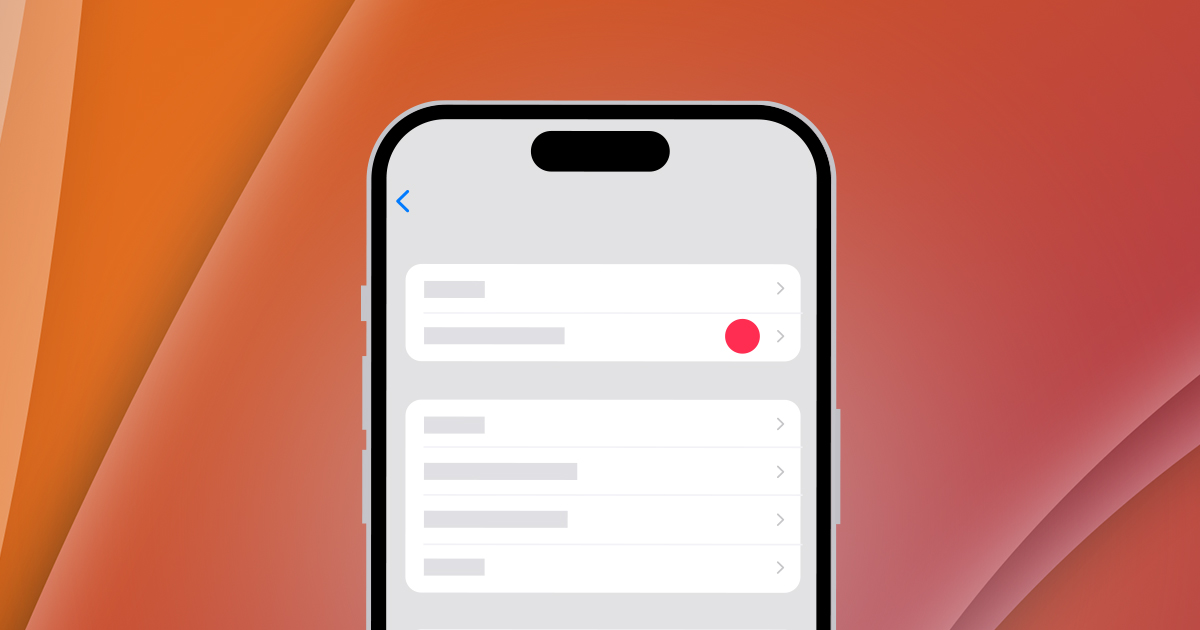 Apple illustration of an iPhone showing a Settings screen with a red badge on one row, on an orange and red gradient background.