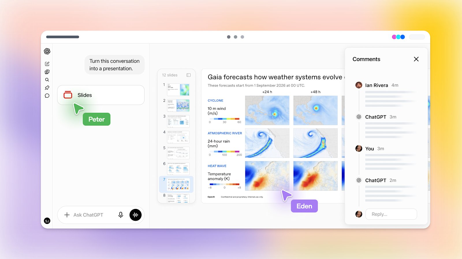 OpenAI's illustration of ChatGPT Slides: a chat asking to turn a conversation into a presentation, a slide editor and a comments panel.