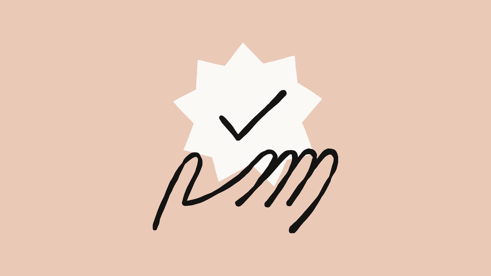 Anthropic's illustration for Code Review: a hand-drawn hand holding a white badge with a check mark on a peach background.