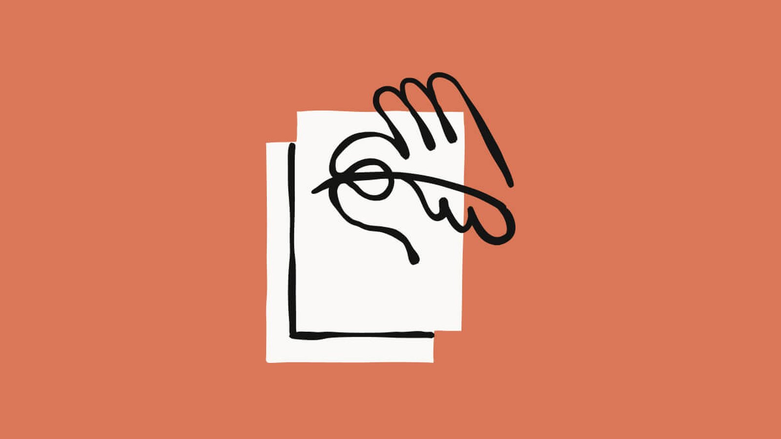 Anthropic's Claude Design illustration: a hand drawn in black line holding a quill over a sheet of white paper, on an orange background.