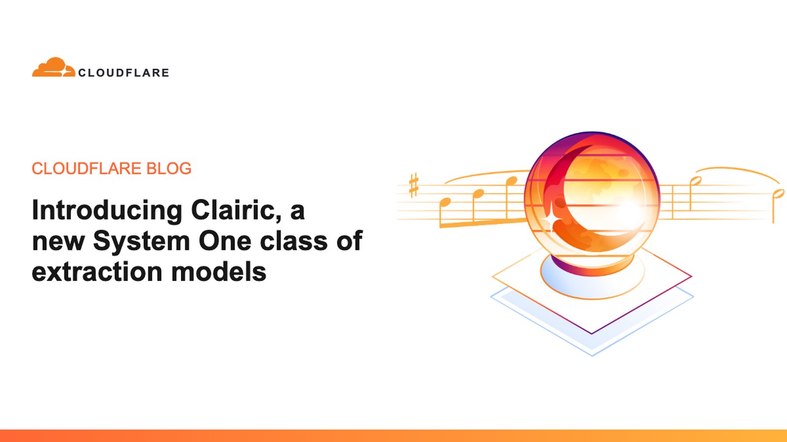 Cloudflare Blog card reading 'Introducing Clairic, a new System One class of extraction models', with an illustration of a glowing crystal ball over a line of music notes.