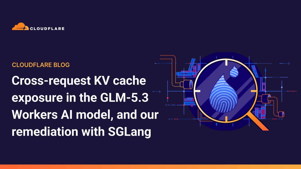 Cloudflare blog header image: the title "Cross-request KV cache exposure in the GLM-5.3 Workers AI model, and our remediation with SGLang" beside an illustration of a magnifying glass over a fingerprint-patterned drop, on a dark navy background.