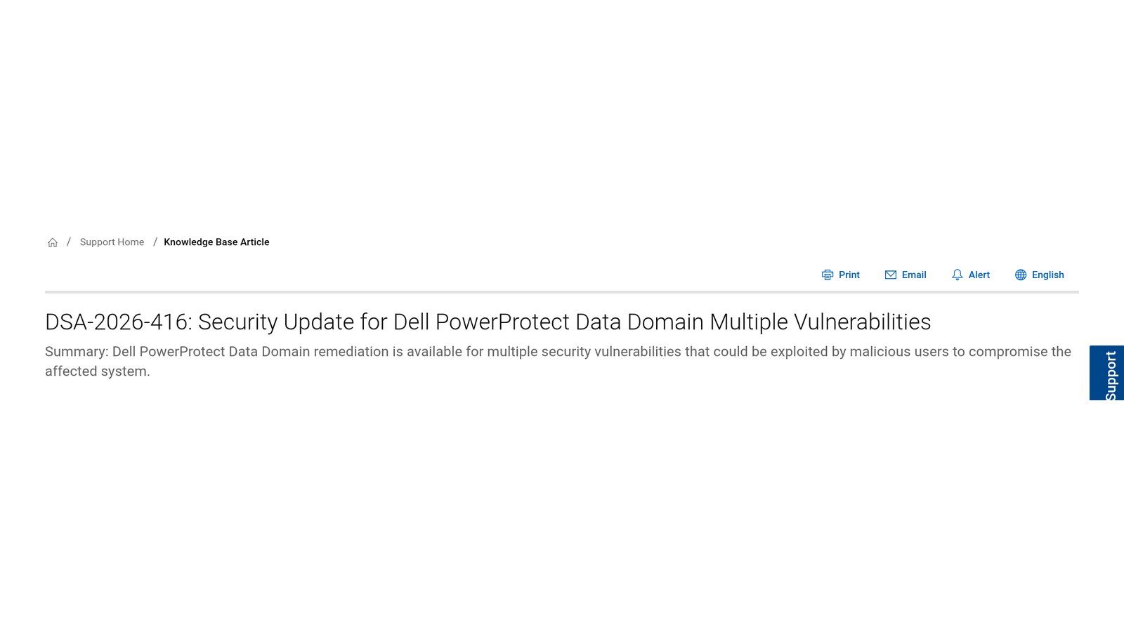 Screenshot of the title of Dell security advisory DSA-2026-416, a security update for Dell PowerProtect Data Domain multiple vulnerabilities