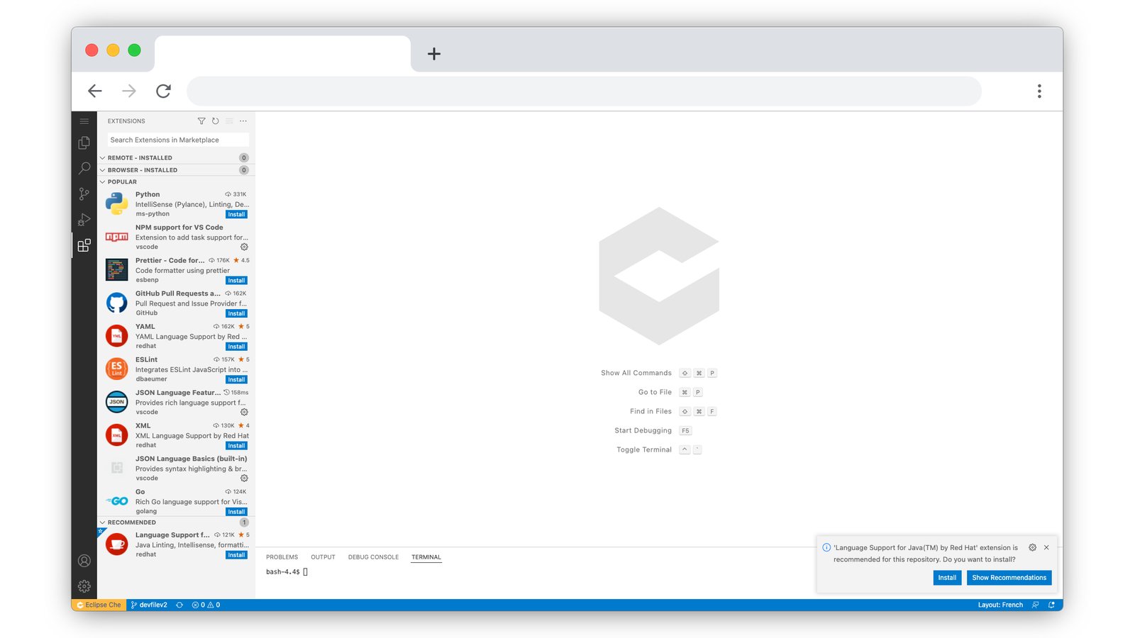 The Eclipse Che website's product image: a browser window running the Che cloud IDE, with the Extensions panel listing Python, npm, Prettier, GitHub Pull Requests, YAML and ESLint, the Che logo in the editor area and a bash terminal at the bottom.