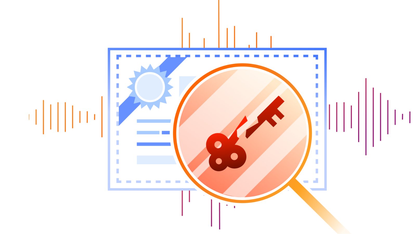 Cloudflare's illustration for its eMudhra post: a blue certificate with a seal, and an orange magnifying glass over it showing a red key with a broken tip, on a white background with orange and purple sound-wave lines.