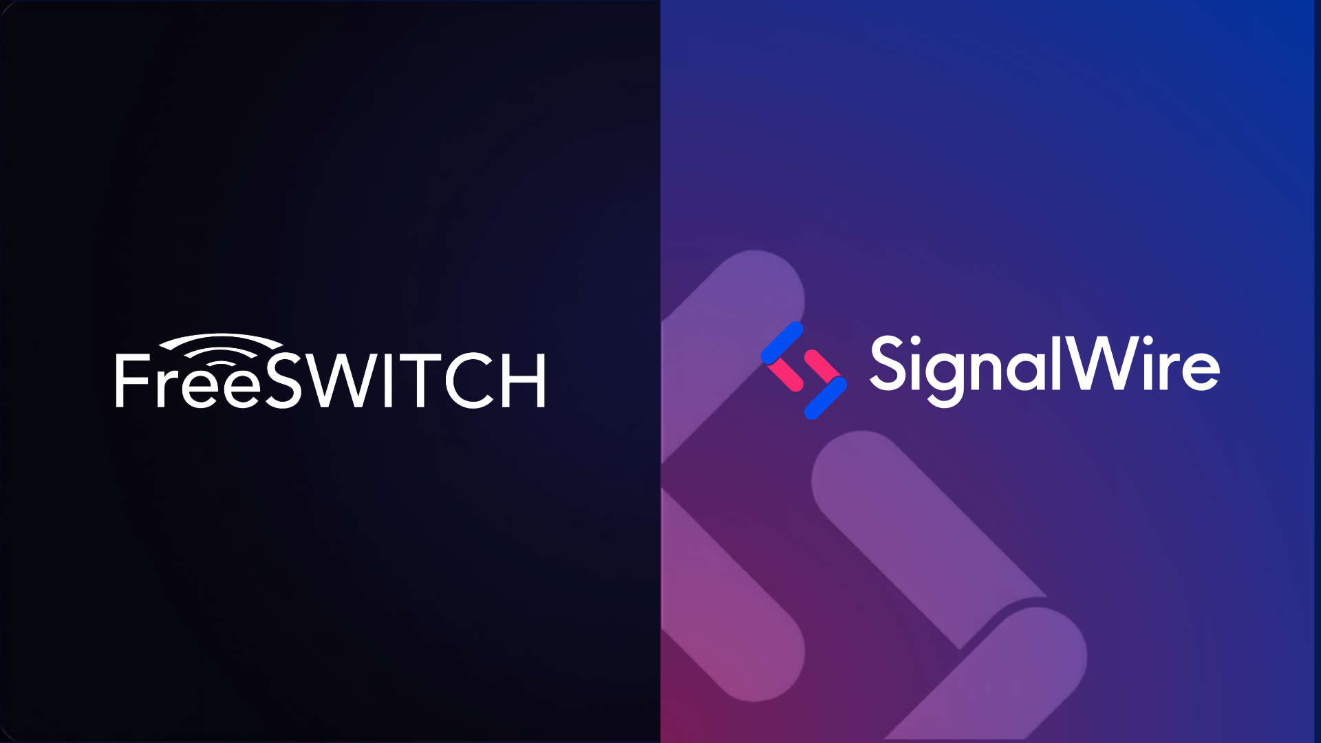 SignalWire's FreeSWITCH page image: the white FreeSWITCH logo on a black panel at left and the SignalWire logo on a purple and blue gradient panel at right.