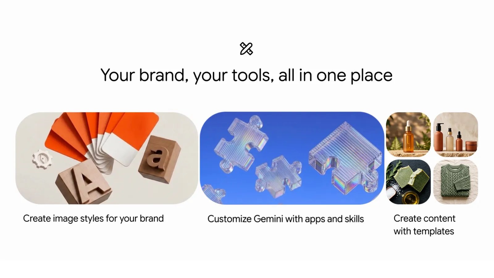 Google's graphic for the announcement, headed "Your brand, your tools, all in one place," with three panels: "Create image styles for your brand," "Customize Gemini with apps and skills" and "Create content with templates."