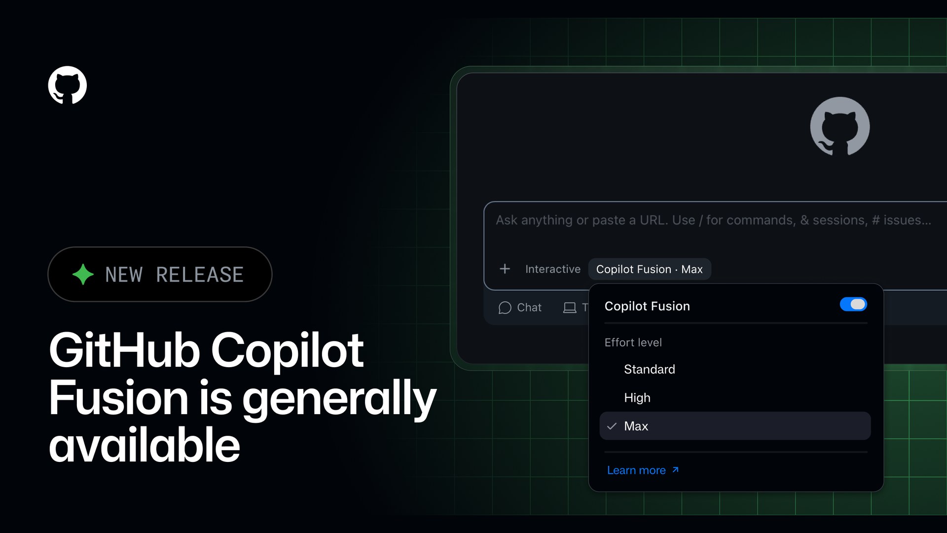 GitHub's release image: the words 'GitHub Copilot Fusion is generally available' next to a Copilot model picker with Copilot Fusion switched on and the Standard, High and Max effort levels.