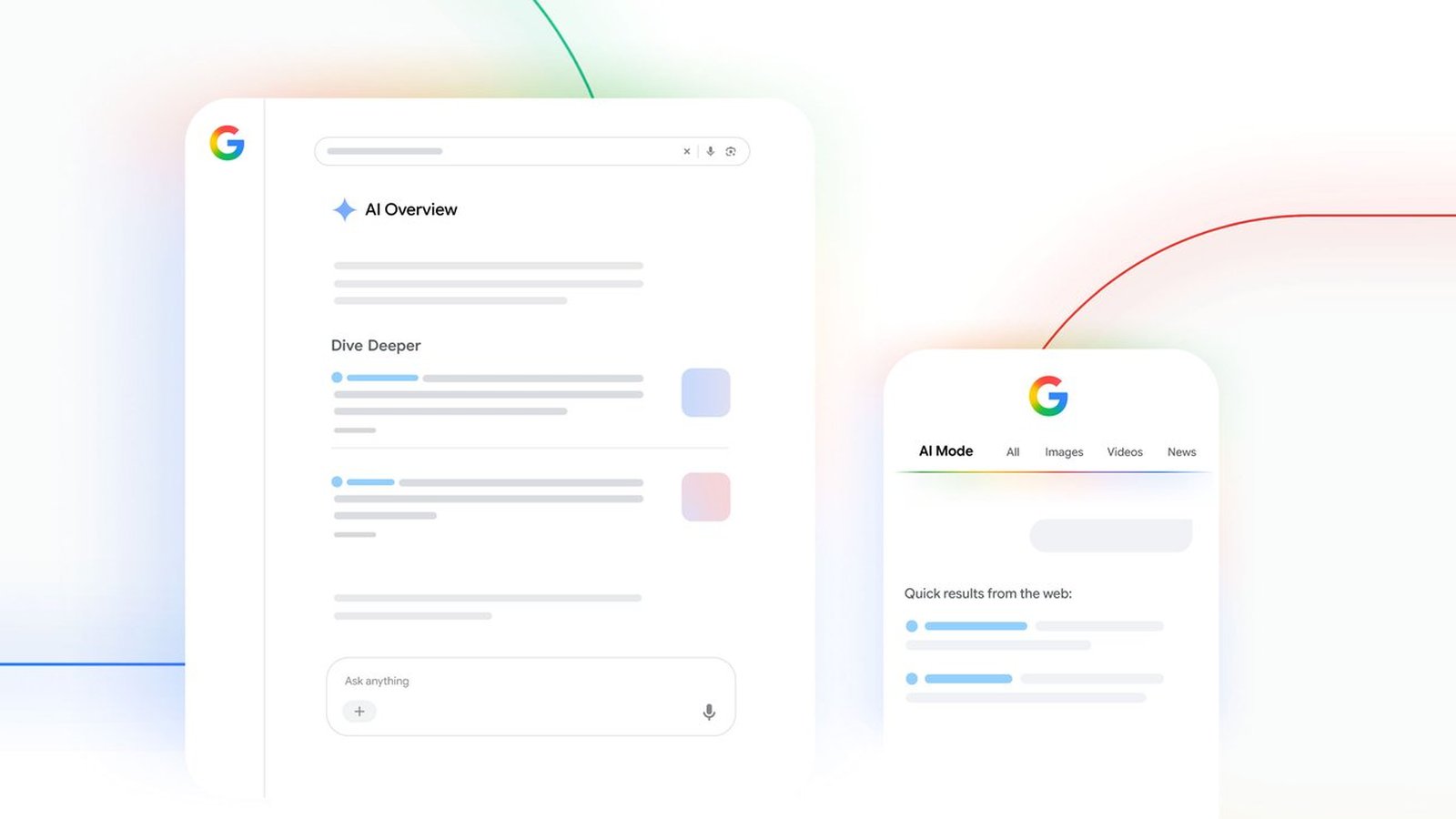 Google's illustration of an AI Overview in Search on desktop and AI Mode on a phone, each with web links.
