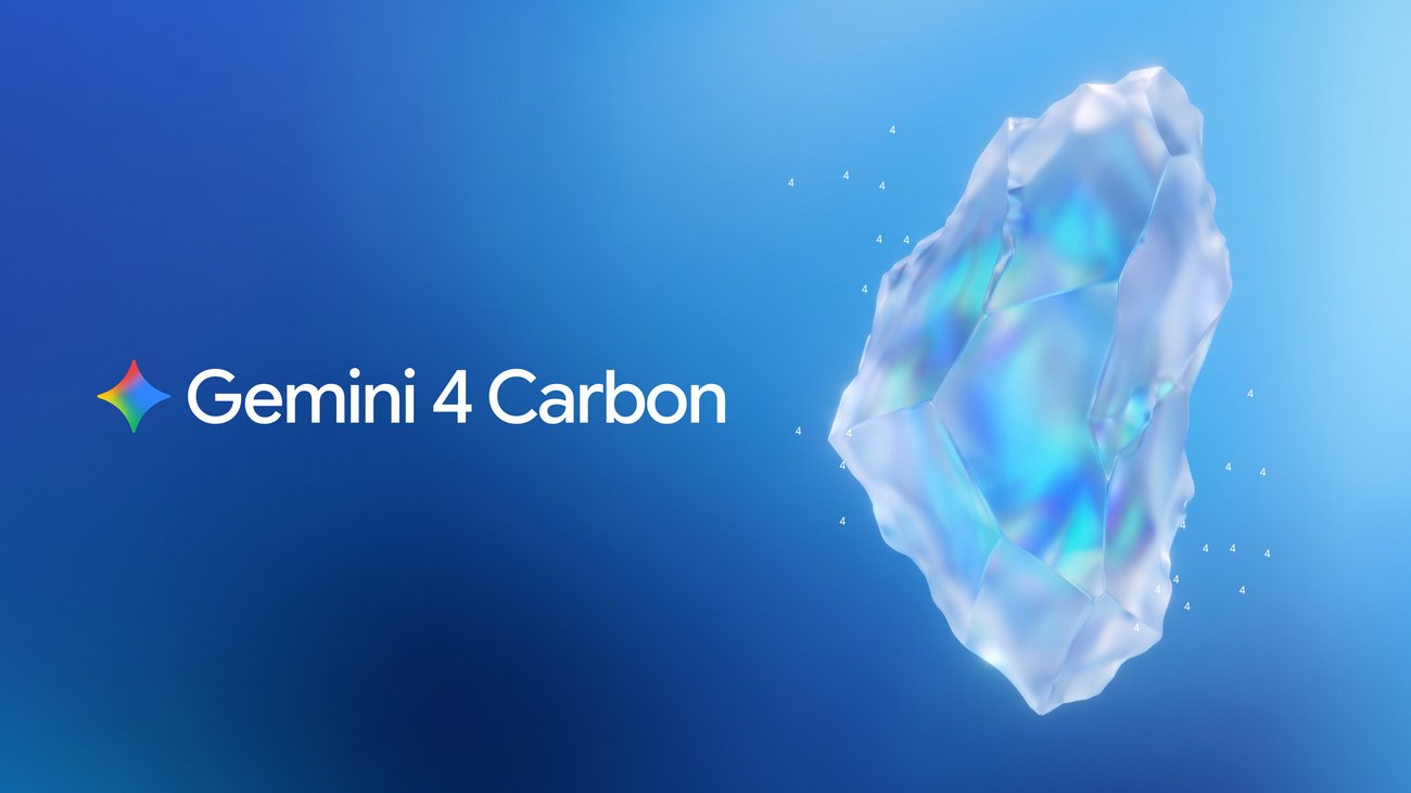 Google's announcement image: the Gemini logo and the words 'Gemini 4 Carbon' next to a glowing, crystal-like rock on a blue background.