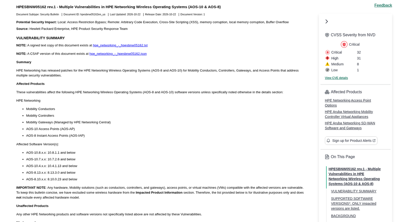 HPE's security bulletin page HPESBNW05162 on the HPE Support Center, titled "Multiple Vulnerabilities in HPE Networking Wireless Operating Systems (AOS-10 & AOS-8)", listing the affected products and software versions.