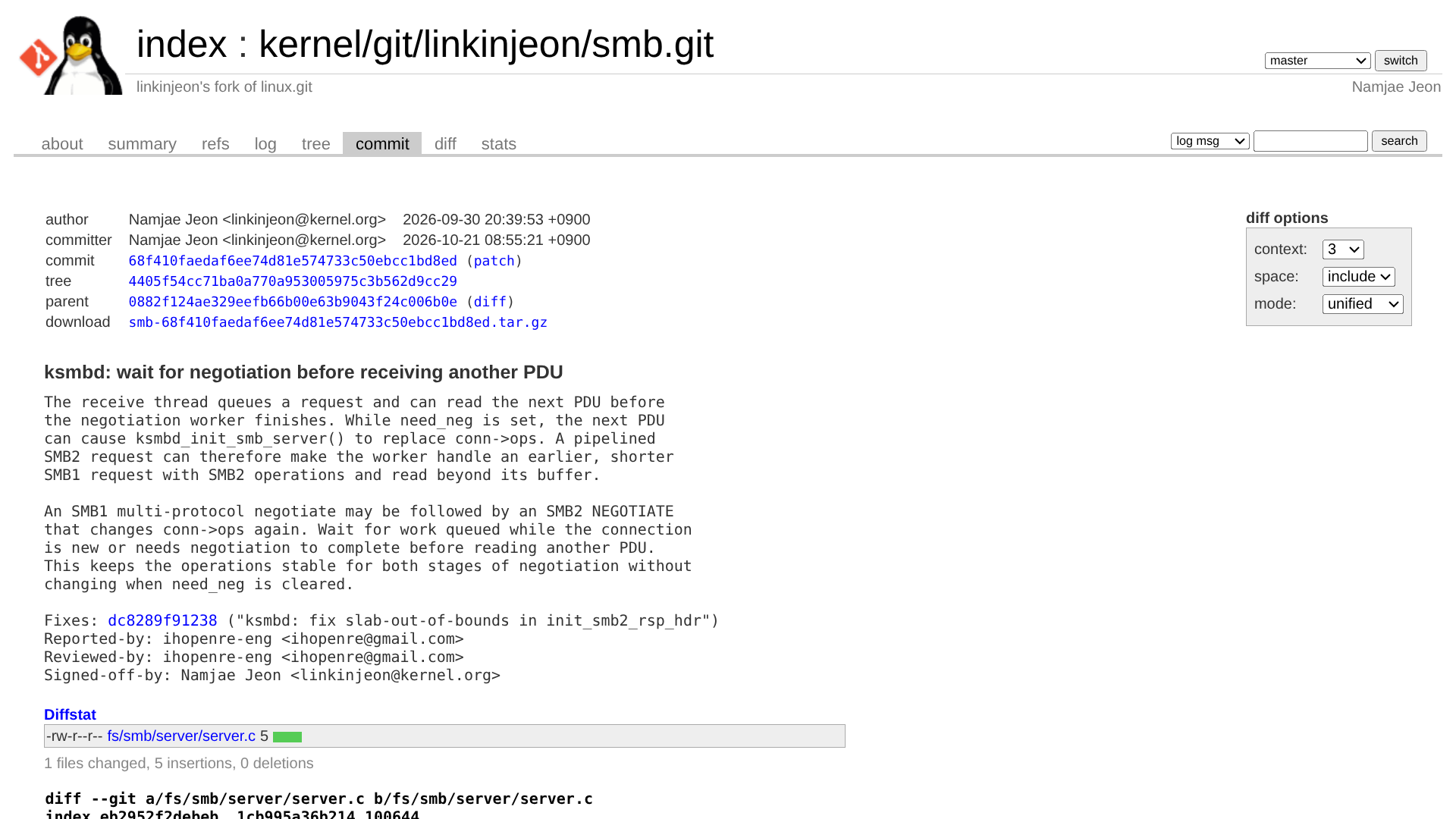 The kernel.org git page for the commit "ksmbd: wait for negotiation before receiving another PDU" by Namjae Jeon, showing the commit message and the start of the diff.