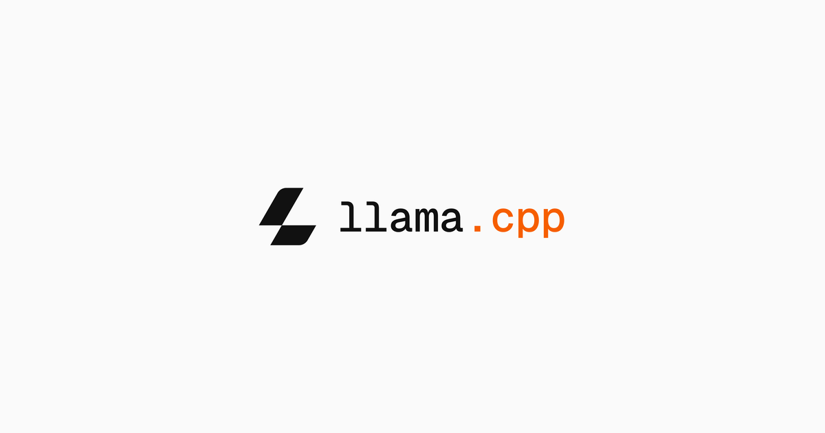 The llama.cpp logo, a stylized llama beside the name llama.cpp, on a light gray background, the social preview image of the llama.cpp GitHub repository.