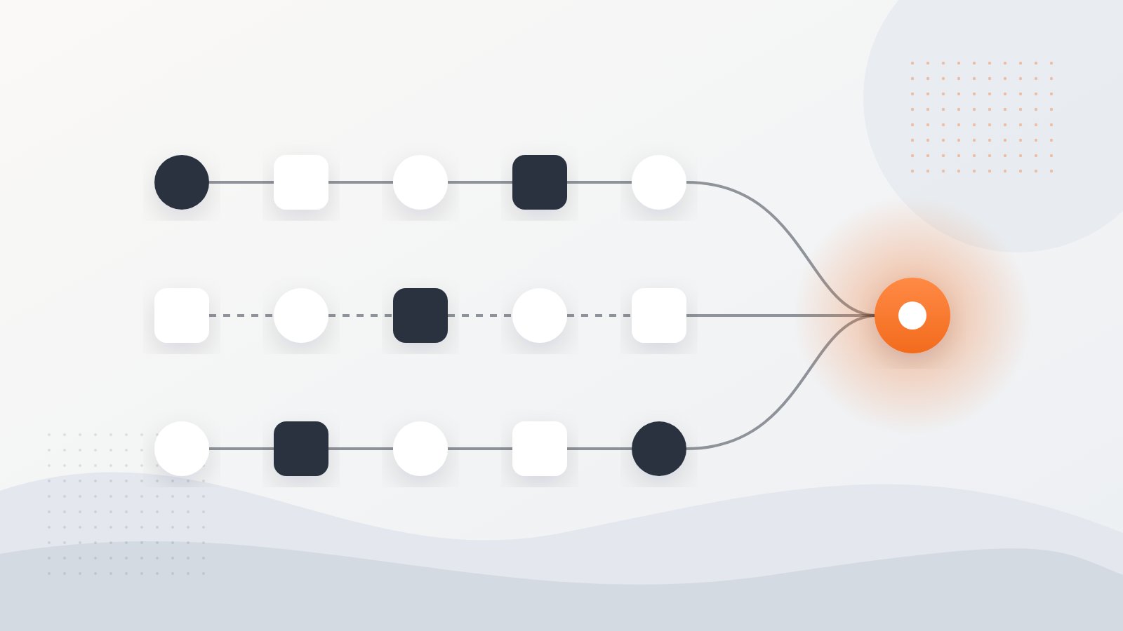 Graphic of three automation workflows, drawn as rows of connected steps, merging into a single highlighted agent node.