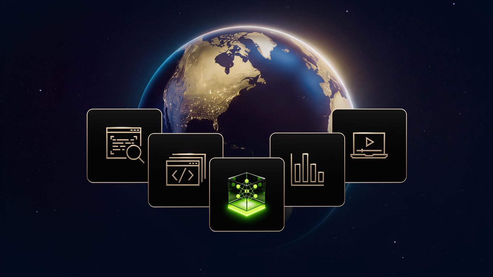 NVIDIA's launch graphic for Nemotron 3.5: a glowing green model cube surrounded by icons for search, code, charts and video in front of the Earth at night.