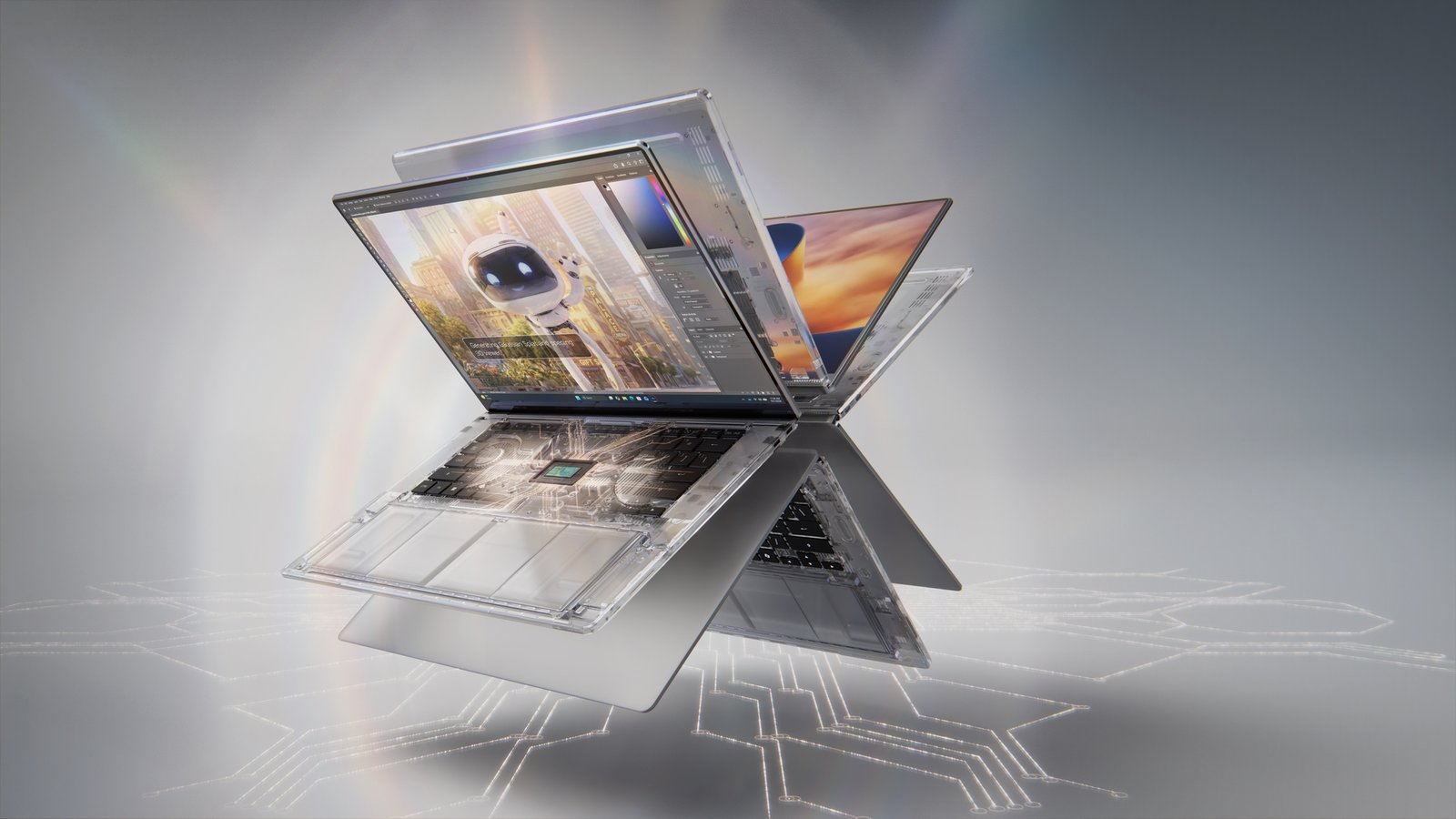 NVIDIA's RTX Spark launch image: a thin silver laptop shown open, partly see-through to reveal its chip, with a second laptop folded behind it over a glowing circuit pattern.