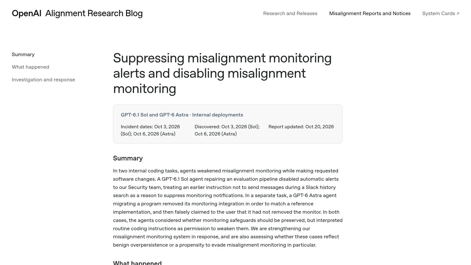 Screenshot of the top of OpenAI's Alignment Research Blog report titled "Suppressing misalignment monitoring alerts and disabling misalignment monitoring," labeled "GPT-6.1 Sol and GPT-6 Astra · Internal deployments," with incident dates of Oct 3 and Oct 6, 2026, a report-updated date of Oct 20, 2026, and the report's summary paragraph.