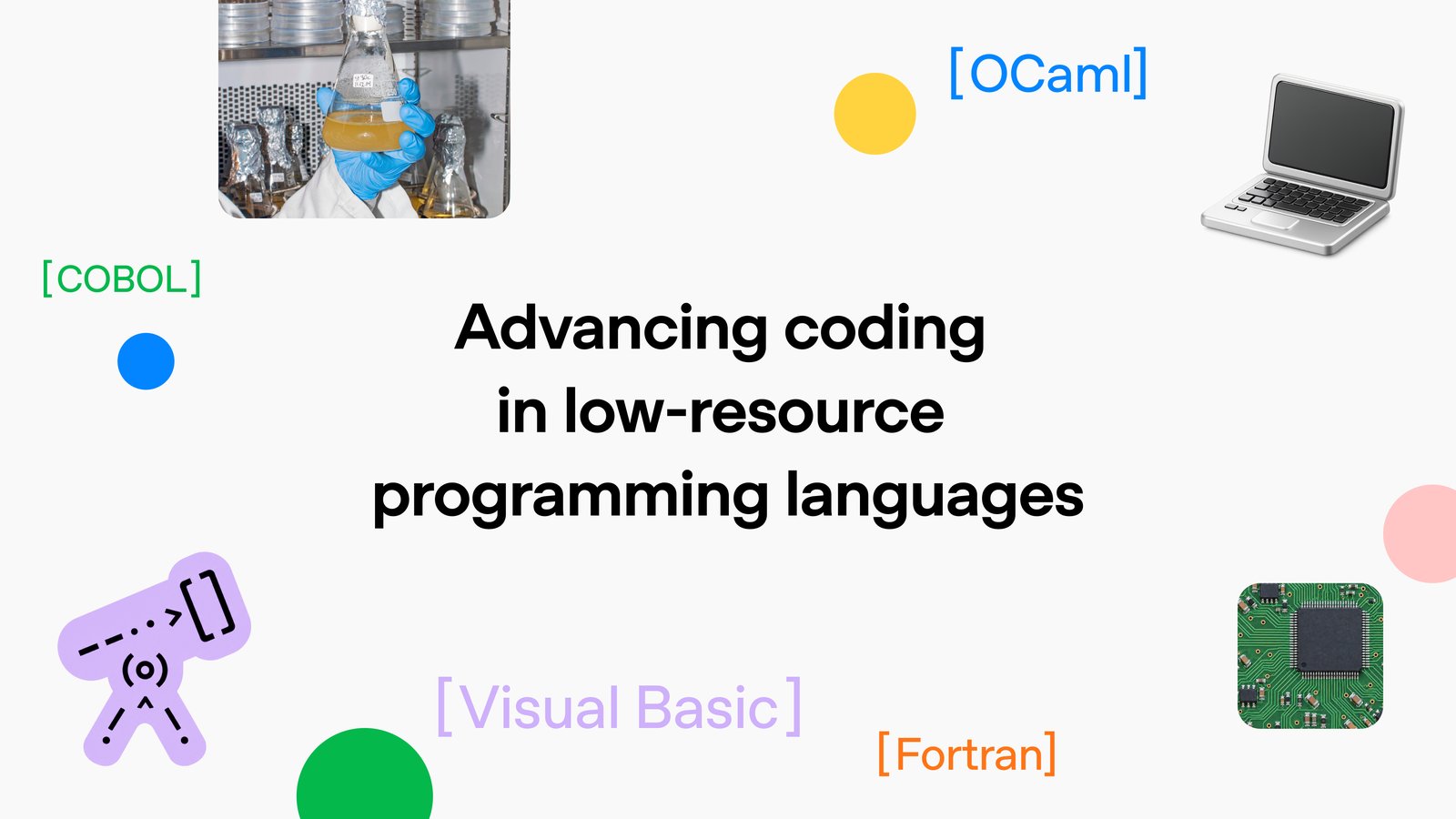 OpenAI card reading 'Advancing coding in low-resource programming languages', surrounded by the labels COBOL, OCaml, Fortran and Visual Basic, a laptop, a circuit chip and a lab flask.