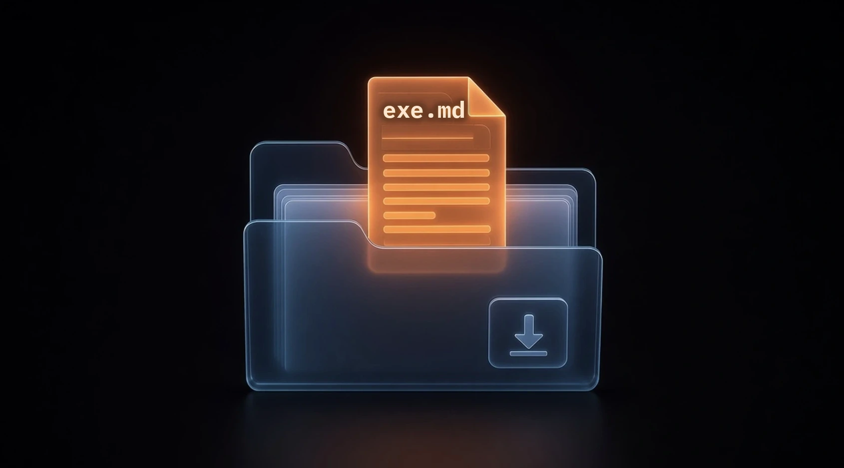 Forever Security's cover image: a glowing orange document labelled "exe.md" slides into a translucent blue folder marked with a download arrow, on a black background.