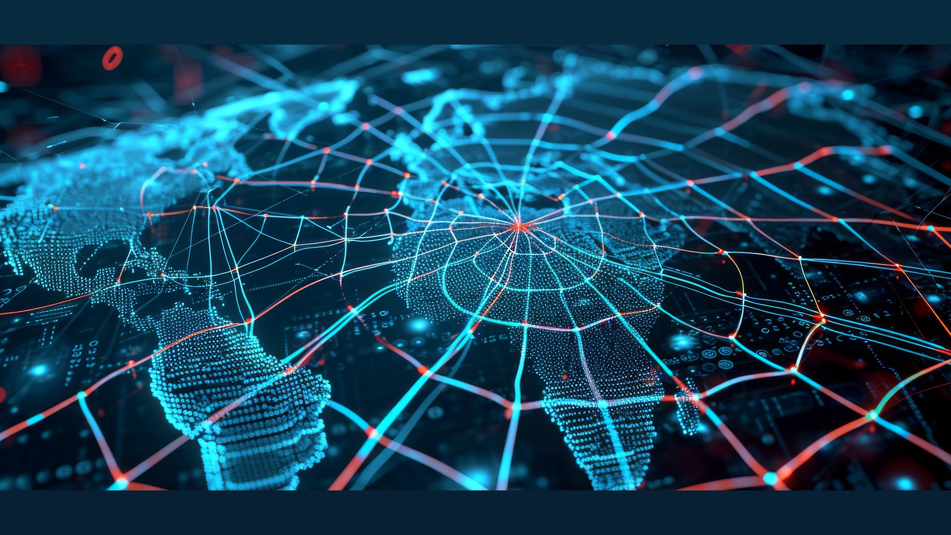 Unit 42's image for its PHP threat brief: a dark digital world map drawn in glowing blue dots, crossed by a web of blue and red network lines.