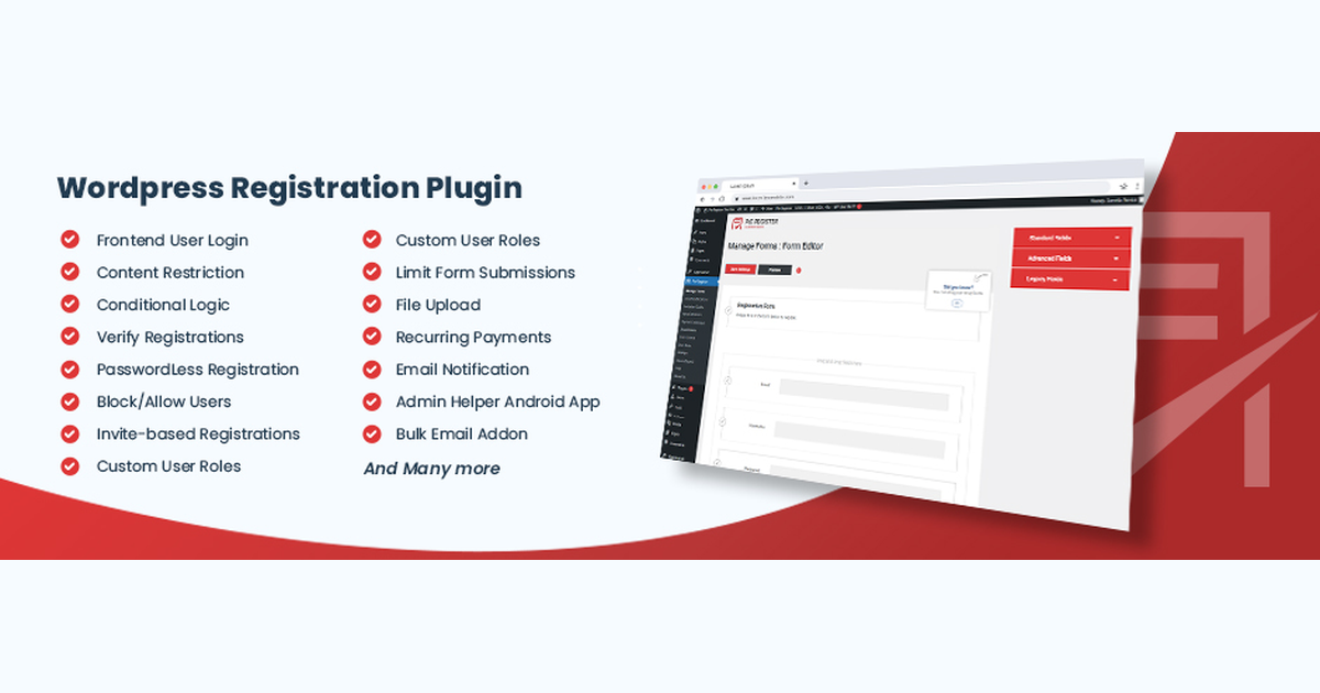 Pie Register's WordPress.org banner: the words WordPress Registration Plugin above a list of features such as frontend user login and file upload, next to a screenshot of its form editor on a red curve.