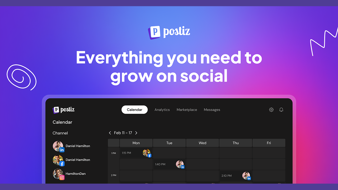 Postiz promotional image: the Postiz logo above the words "Everything you need to grow on social" and a screenshot of the Postiz scheduling calendar, on a purple and pink gradient.