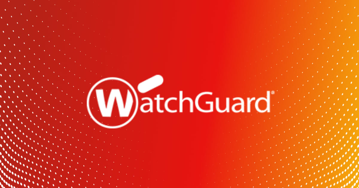 The white WatchGuard logo on a red-to-orange gradient background with a pattern of white dots, the preview image of WatchGuard's website.